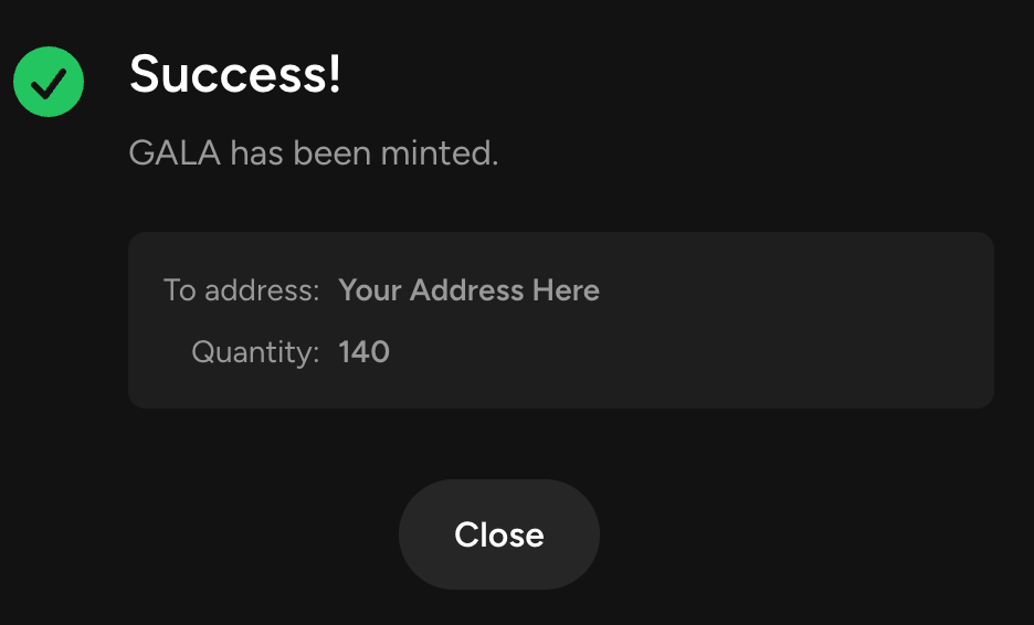 Successful GALA mint confirmation screen